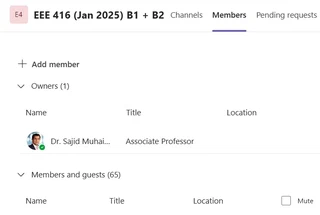 Microsoft Teams Members tab for the EEE 416 (Jan 2025) B1 + B2 team, showing one owner and 65 members and guests