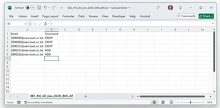 The BIIS_diff.csv file open in Excel: student e-mail addresses, each marked ADD or DROP