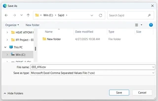 Save As dialog saving the roster as EEE_416.csv