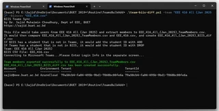 PowerShell running team-biis-diff.ps1: team members exported and the BIIS_diff.csv file created
