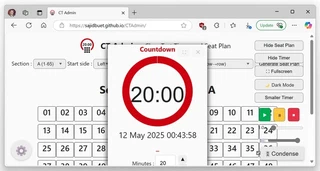 The CT Admin web app: a 20-minute countdown timer over the seat plan, with buttons for seat plan, timer, full screen and dark mode